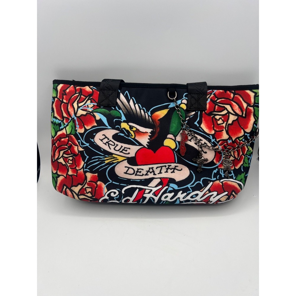 Ed Hardy True Love True Death Tattoo Rose Heart Charm Black Tote  Bag NWT